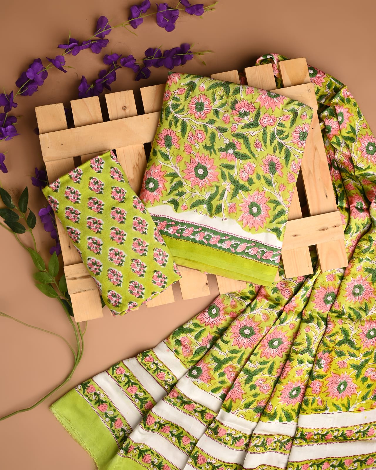 Lime fresh green cupro modal silk dress material wholesale, handblock printed silk suit set by Fabtexs